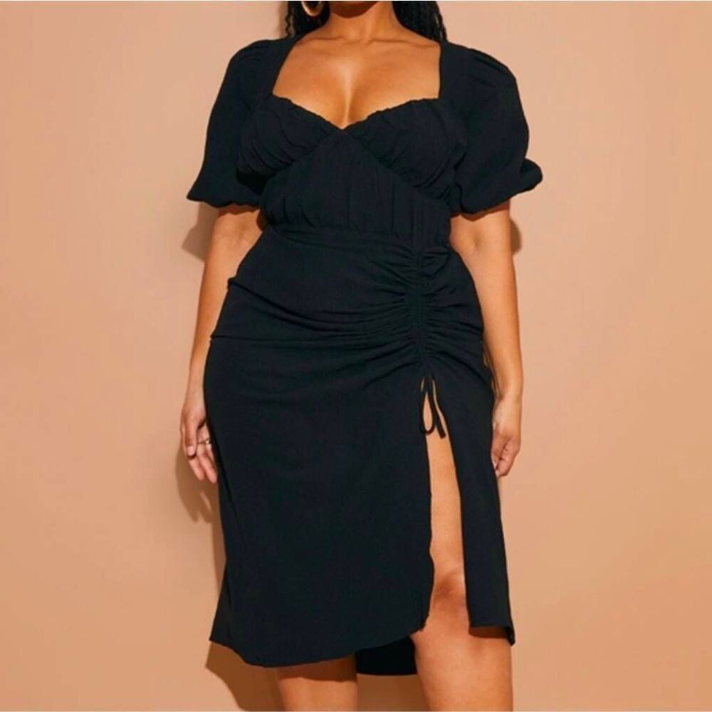 PrettyLittleThing Puff Sleeve Milkmaid Ruched Side Leg Slit Dress Sz. 18